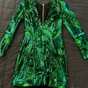 Balmain Green Sequin Plunging V‑Neck Dress